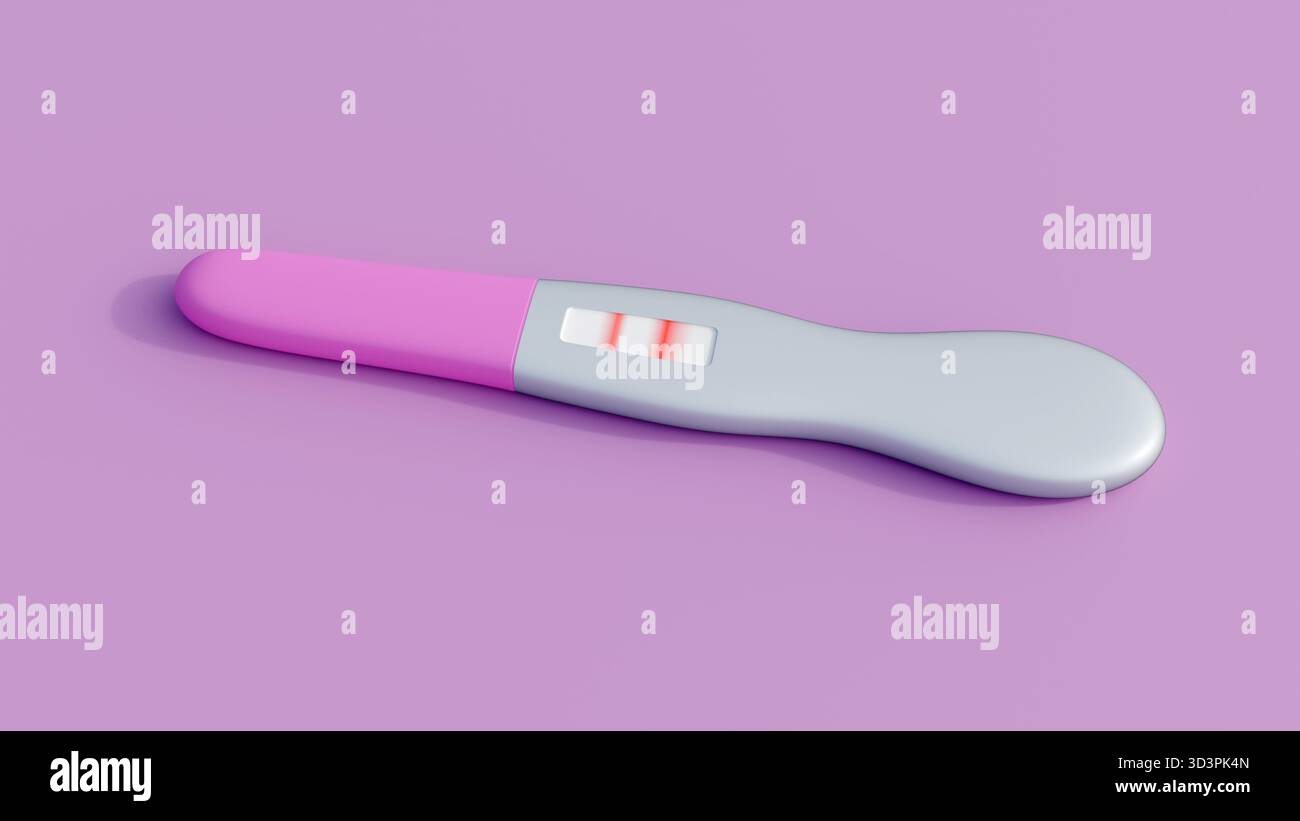 Un rendu 3D de bâtonnets de test de grossesse blancs isolés couchés horizontalement sur un fond. L'une montre deux lignes, indiquant un résultat positif. Banque D'Images