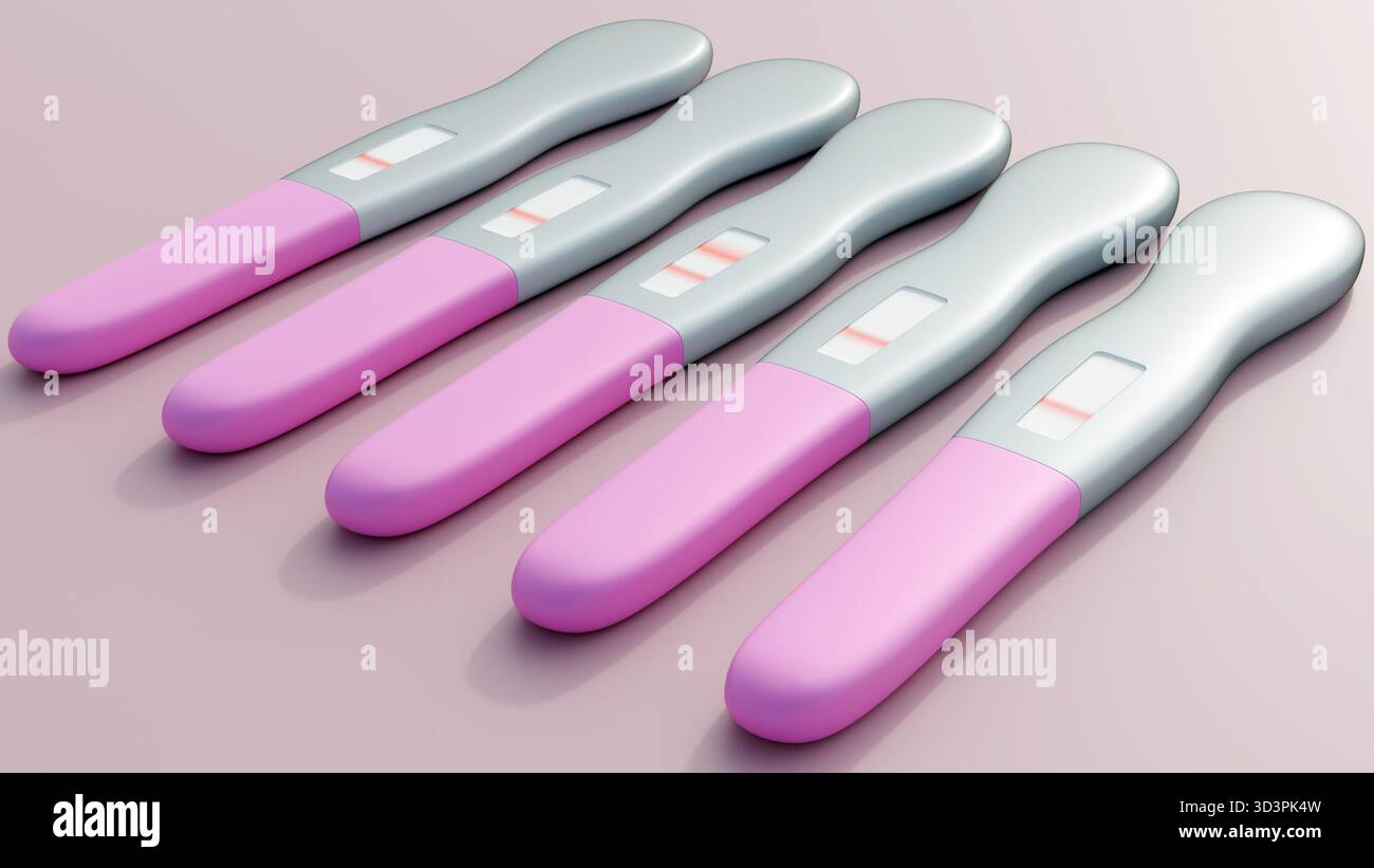 Un rendu 3D de bâtonnets de test de grossesse blancs isolés couchés horizontalement sur un fond. L'une montre deux lignes, indiquant un résultat positif. Banque D'Images