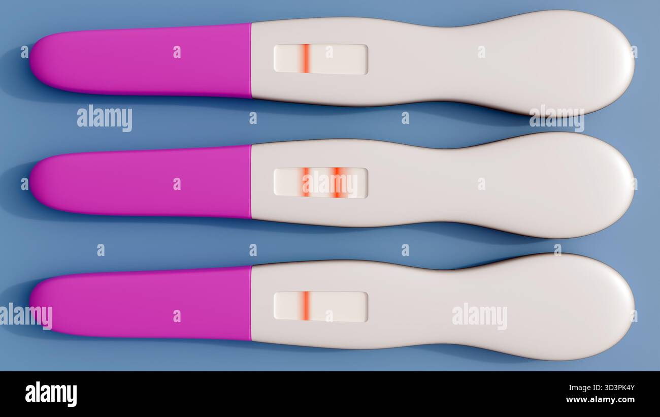 Un rendu 3D de bâtonnets de test de grossesse blancs isolés couchés horizontalement sur un fond. L'une montre deux lignes, indiquant un résultat positif. Banque D'Images