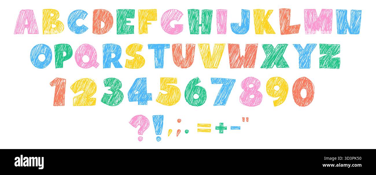 Alphabet de crayon de couleur et les chiffres fixés isolé sur fond blanc. Illustration vectorielle de dessins animés de lettres pastel dessinées à la main, de figures et de signes de ponctuation, police enfantine pour bannière scolaire, art doodle Illustration de Vecteur