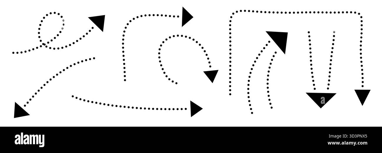illustration : flèches pointillées noires montrant dans différentes directions, élément de flèche dessiné à la main isolé sur blanc Banque D'Images