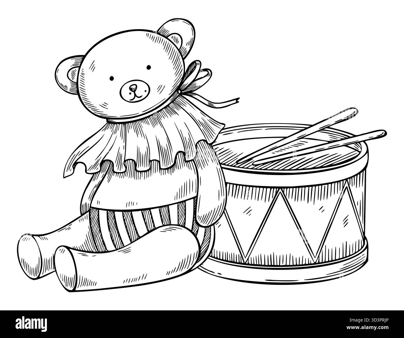 Ours en peluche et illustration vectorielle de tambour vintage. Dessin de contour de jouets de bébé rétro pour cartes de voeux enfantins ou invitations d'enfants. Instrument de musique et personnage en peluche pour la conception de Noël. Illustration de Vecteur