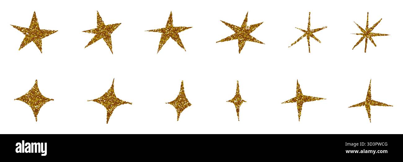 Jeu d'icônes vectorielles d'étoile à paillettes dorées, grunge étoiles dessinées à la main et étincelles collection de symboles brillants Illustration de Vecteur