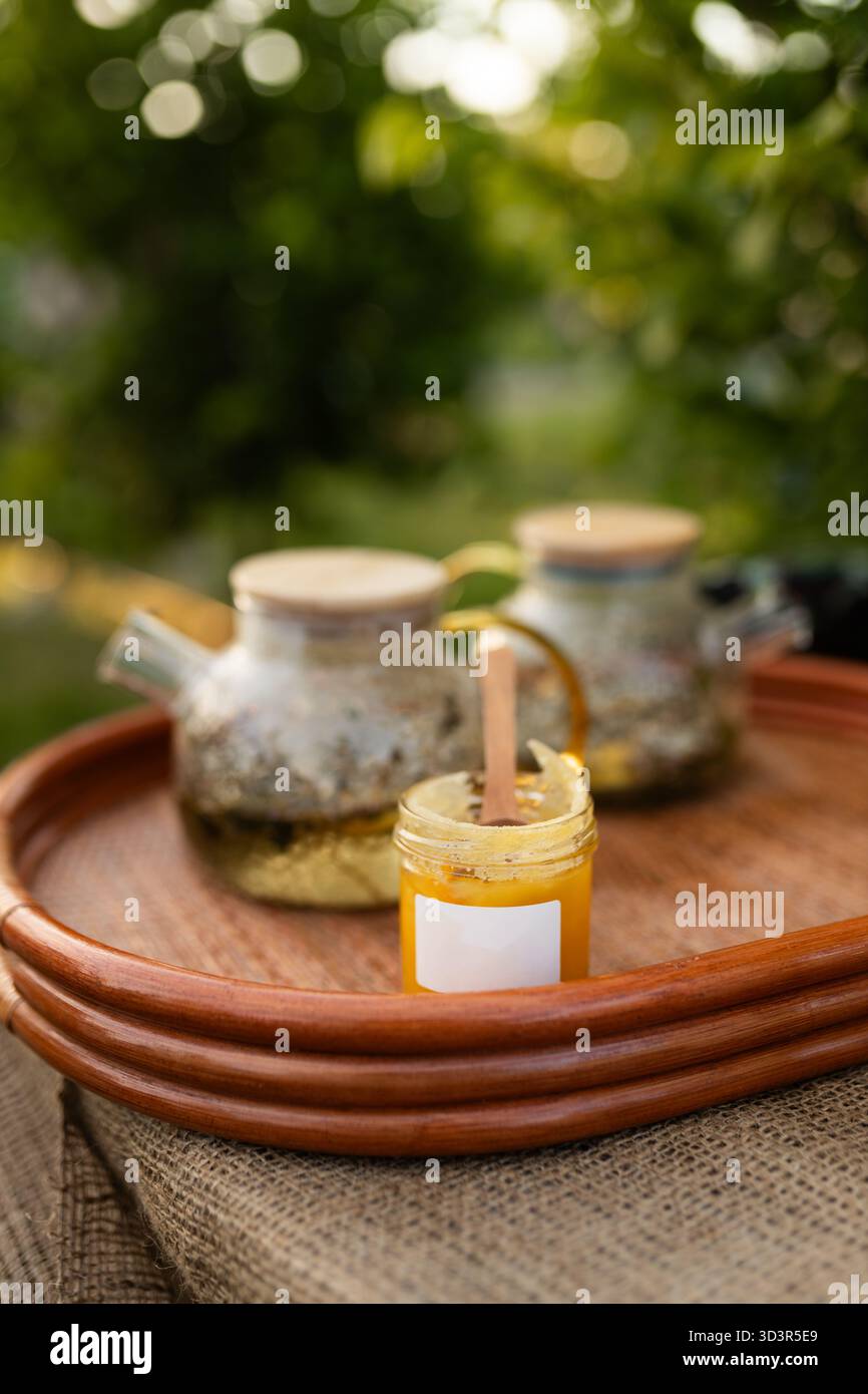 Une installation de pique-nique rustique confortable avec un plateau en bois avec un pot de miel et deux théières en verre. Le cadre est idéal pour un brunch relaxant dans un cadre naturel Banque D'Images