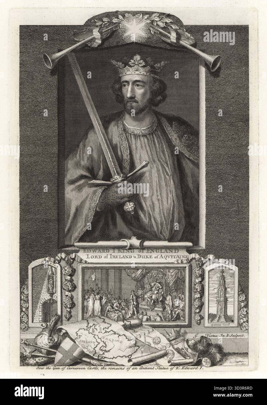 Édouard Ier, Edward Longshanks, marteau des Écossais, 1239-1307. Roi d'Angleterre, seigneur d'Irlande et duc d'Aquitaine. Portrait de roi avec couronne et épée, sous deux cornes. Vignette de son couronnement, sa statue au château de Carnavon, Queens Cross, carte de l'Angleterre et de l'Irlande, chardons, barre, bouclier, hache de bataille, mace, etc Gravure sur cuivre dessinée et gravée par George Vertue de ses têtes des rois d'Angleterre, propre à l'histoire de M. Rapin, traduite par N. Tindal, imprimée pour James, John et Paul Knapton, Londres, 1736. Banque D'Images