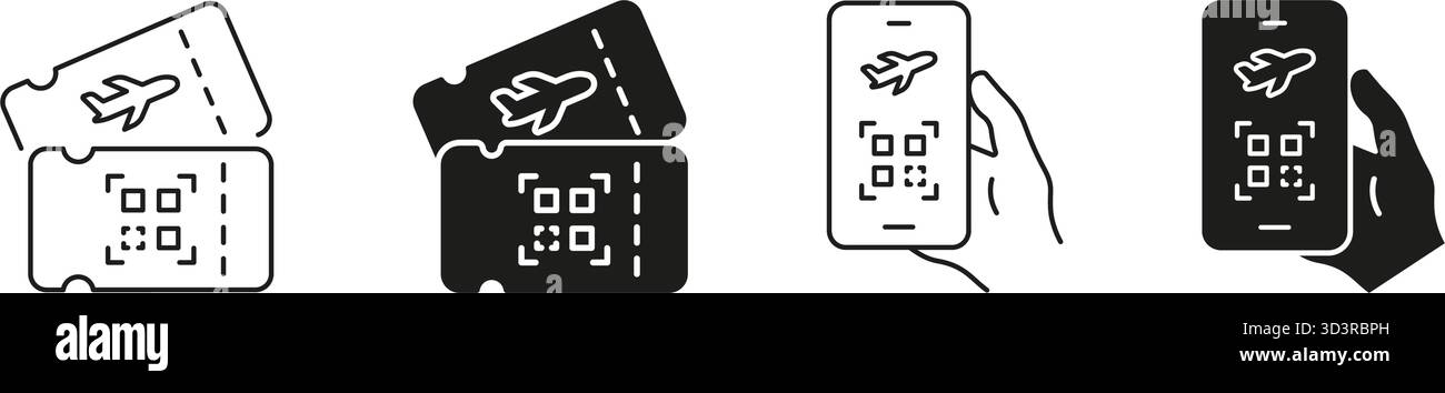Jeu d'icônes billet d'avion et carte d'embarquement mobile. Voyage numérique, émission électronique, présentation de code QR et collection de symboles Silhouette. Isolé Illustration de Vecteur