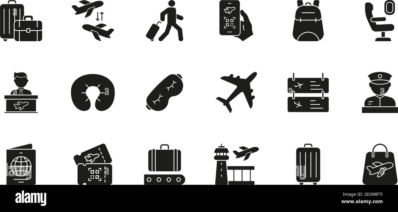 Ensemble d'icônes solides Travel and Aviation Essentials. Voyages aériens, services aéroportuaires et collection de symboles Silhouette Experience passagers. Comprend bagages Illustration de Vecteur