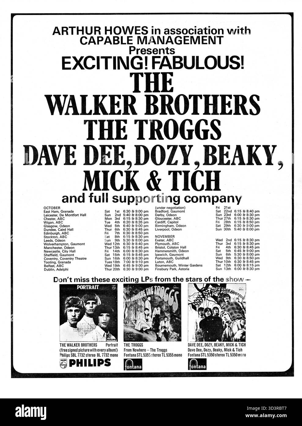 Excitant et fabuleux ! Publicité tournée pour The Walker Brothers, The Troggs et Dave Dee Dozy Beaky Mick et Tich, ainsi que des supports. Octobre novembre 1966 Royaume-Uni. Dates de tournée et publicités pour chacun de leurs albums Fontana Records. Présentation d'Arthur Howes. Banque D'Images