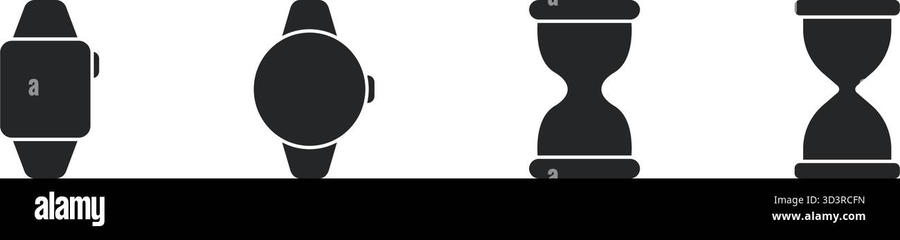 Ensemble d'icônes Smartwatch et HourGlass Solid. Gestion du temps, suivi numérique et collection de symboles Silhouette de compte à rebours. Technologie moderne et Illustration de Vecteur