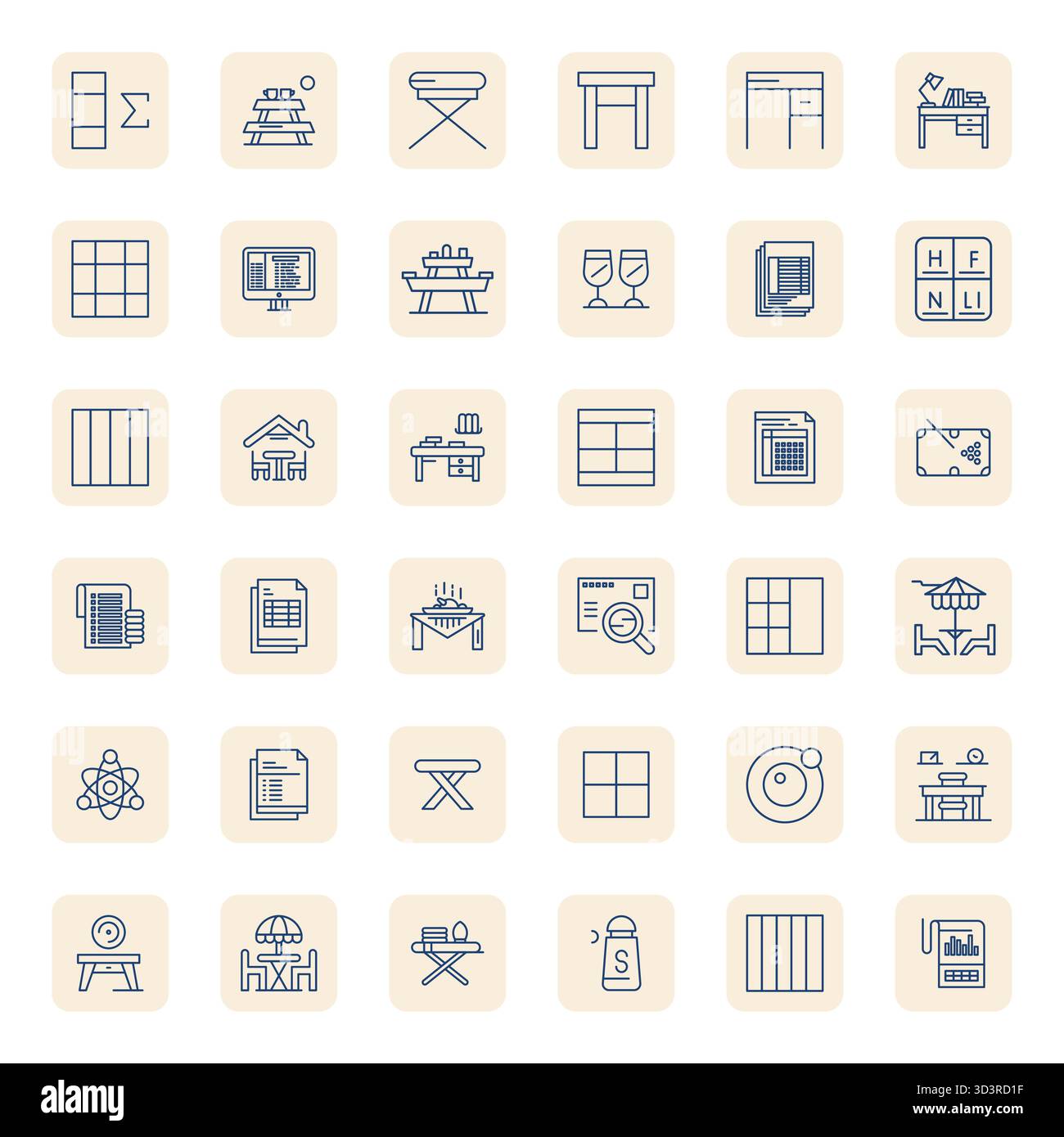 Pack innovant de 36 icônes vectorielles sur le thème de la table, présentant la conception Bold Outline régulière au format 128x128 pixels optimisé pour le numérique moderne Illustration de Vecteur