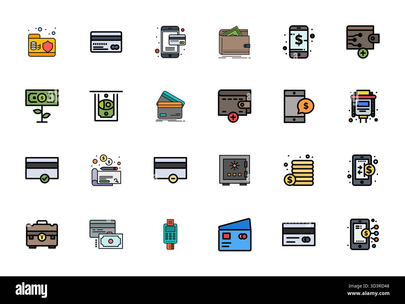 Pack organisé de 24 icônes vectorielles haute résolution dans la conception Line Filled, centré autour des concepts bancaires avec Display Perfect Clarity. Illustration de Vecteur