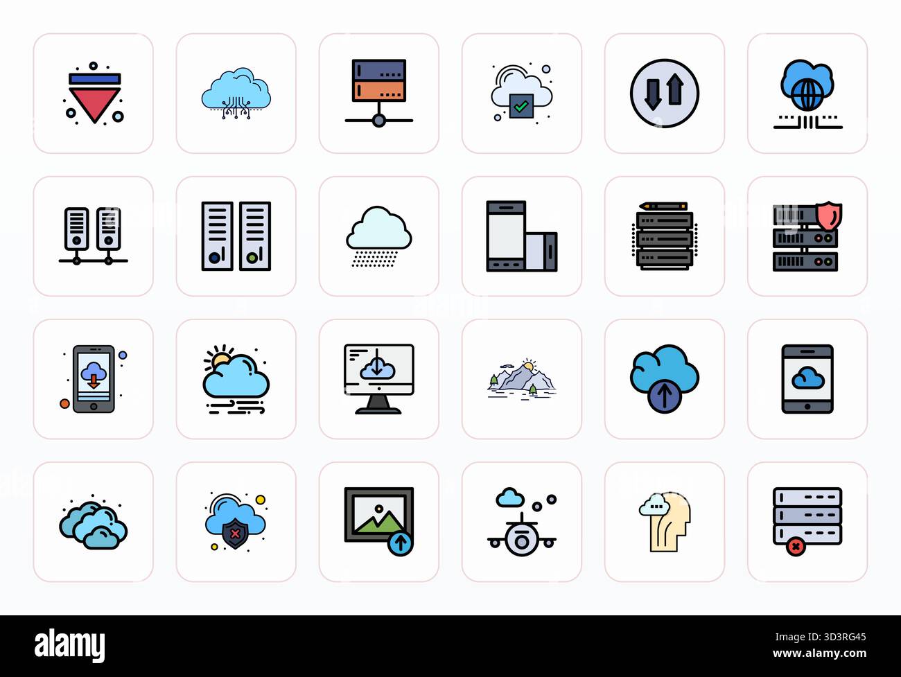 Collection haute performance de 24 icônes vectorielles Filled Line pour Cloud, conçue avec une résolution optimisée de 128x128 pixels pour une interface utilisateur optimale de Illustration de Vecteur