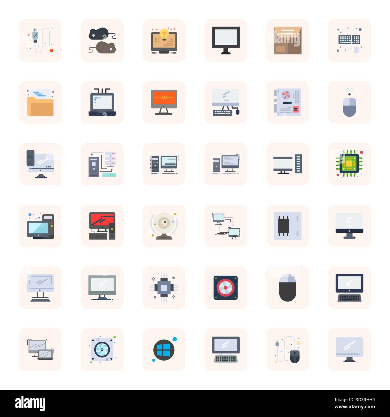 Pack innovant de 36 icônes vectorielles sur le thème du PC, présentant un design plat en format PIXEL haute résolution parfait pour les solutions numériques modernes. Illustration de Vecteur