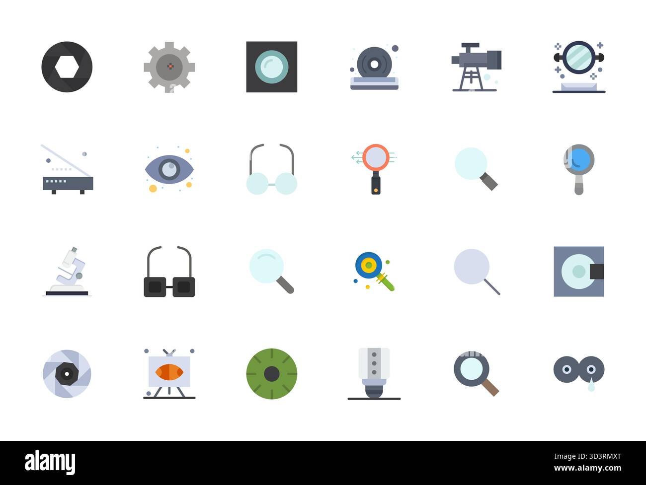 Pack stratégique comprenant 24 icônes vectorielles représentant optique au format plat, optimisé avec la qualité modifiable Retina Ready pour un flux de travail professionnel Illustration de Vecteur