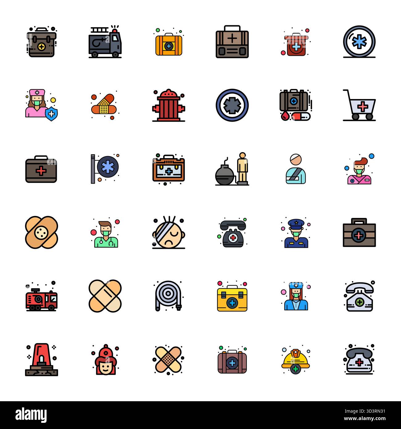 Ensemble simplifié de 36 icônes vectorielles pour First Responder in Line Filled Aesthetic, avec une résolution optimisée de 64x64 pixels pour une expérience utilisateur transparente Illustration de Vecteur