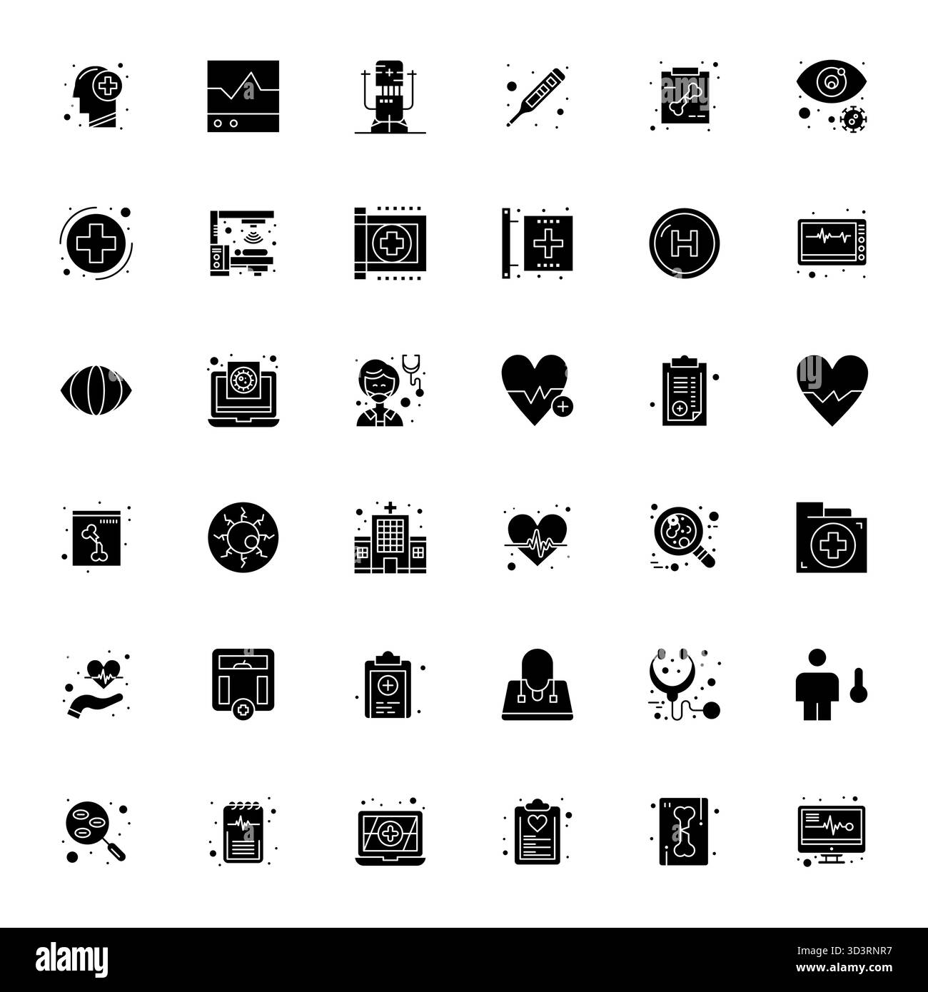 Pack Vector avec 36 icônes alignées de pixels remplis inspirées par le diagnostic, livré dans une résolution Retina Ready idéale pour le travail de conception évolutif et créatif Illustration de Vecteur