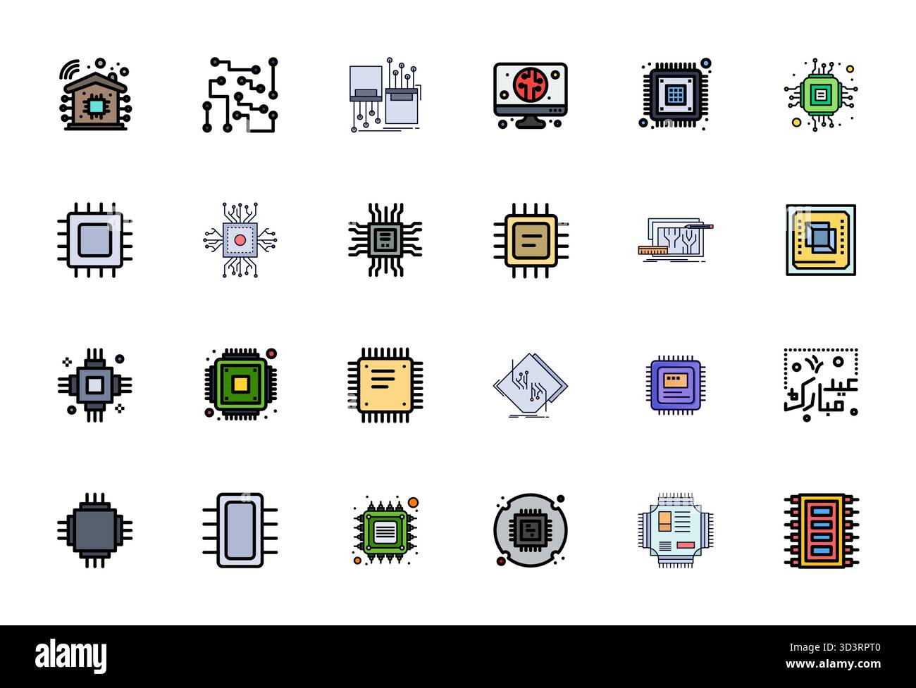 Pack vectoriel avec 24 icônes Flat Line Filled Display parfaites inspirées de Microchip, livrées en haute résolution, idéales pour l'évolutivité et la création Illustration de Vecteur