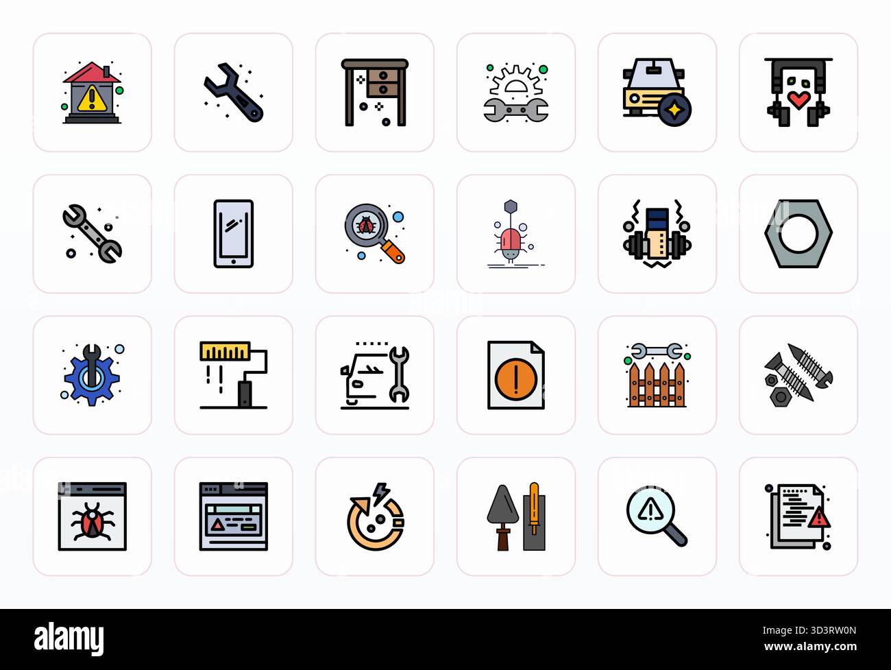 Collection exceptionnelle de 24 icônes vectorielles Filled Line pour Fix, livrées en Retina Ready Detail résolution améliorée pour une excellence visuelle inégalée Illustration de Vecteur