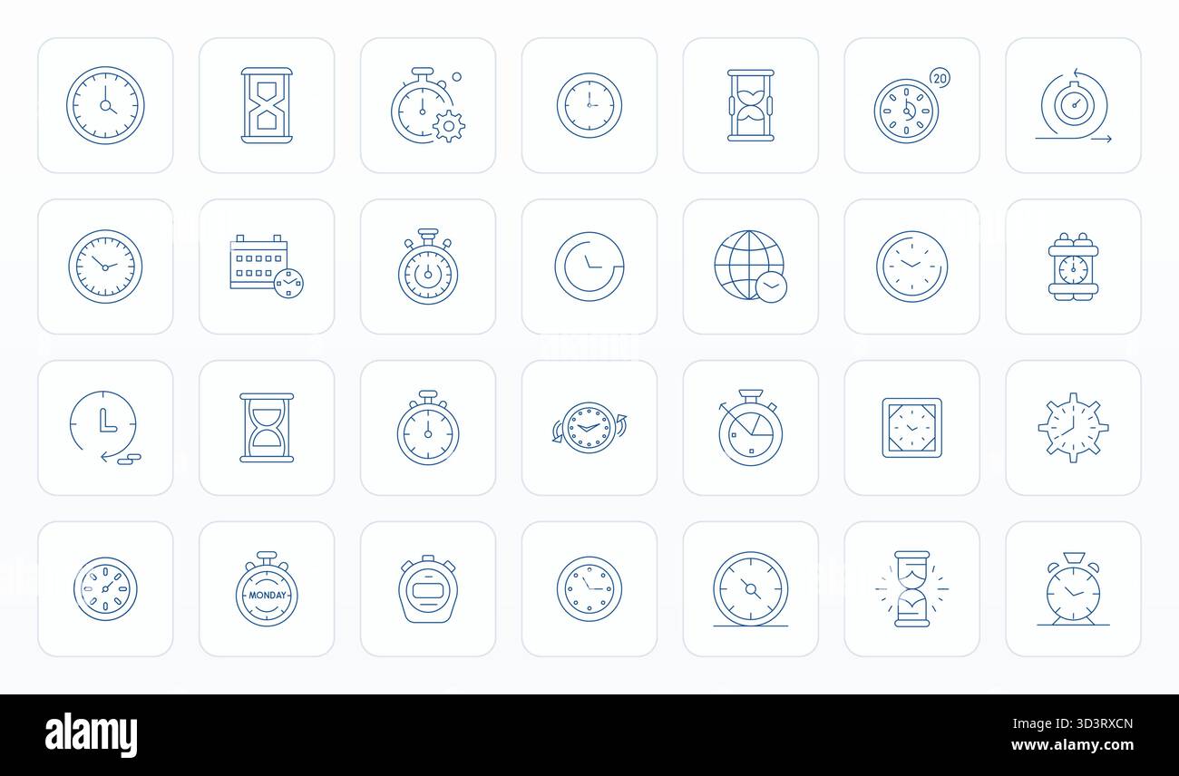 Collection ultime de 28 icônes vectorielles représentant Timer dans l'esthétique Thin Line, optimisée avec la résolution modifiable Retina Ready pour un impact maximal. Illustration de Vecteur
