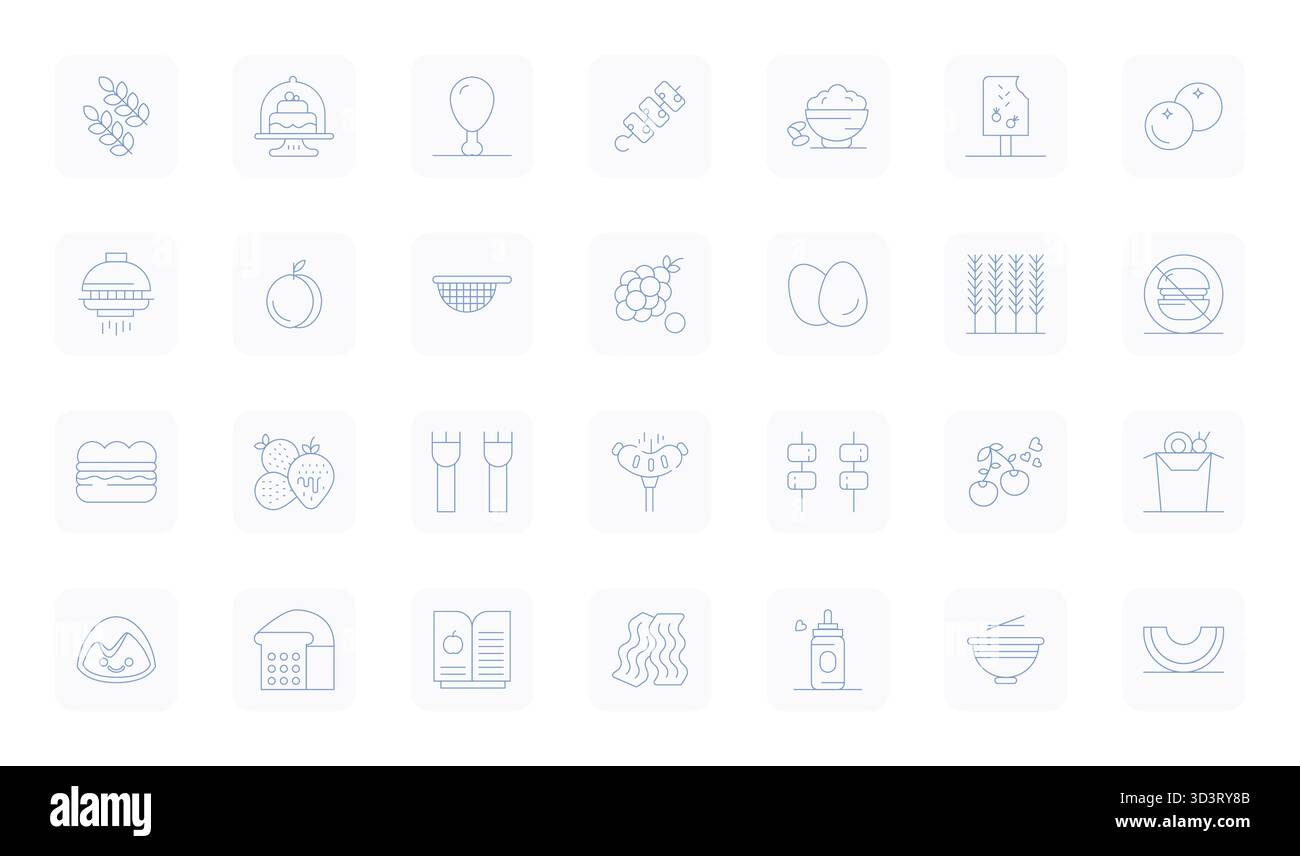 Cet ensemble de 28 icônes vectorielles Thin Outline capture des thèmes alimentaires en haute résolution Display Perfect Quality, parfait pour les applications technologiques et commerciales. Illustration de Vecteur
