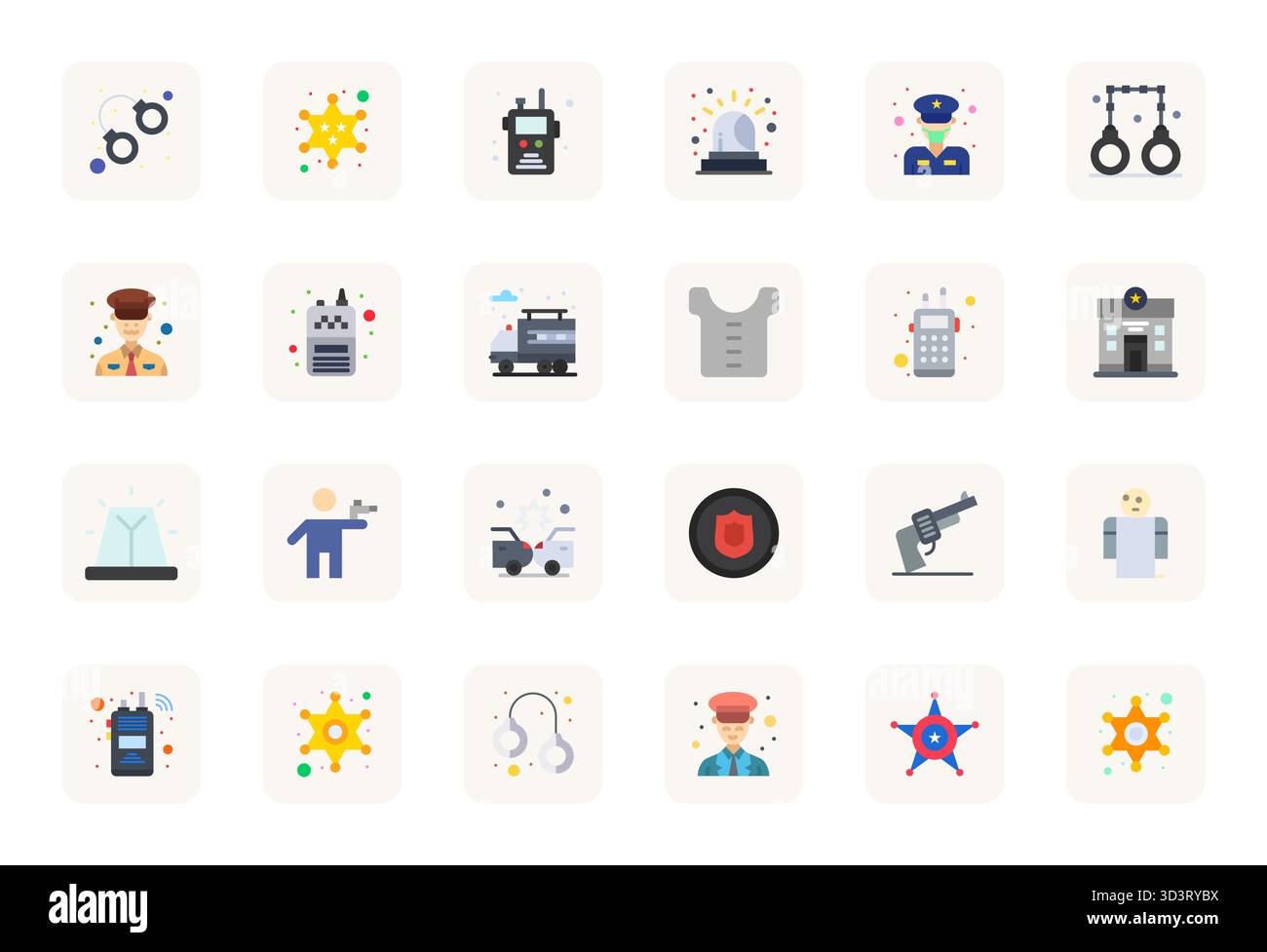 Ensemble sophistiqué de 24 icônes vectorielles plates pour la police, conçu avec la clarté Retina Ready Pixel alignée pour les applications professionnelles. Illustration de Vecteur