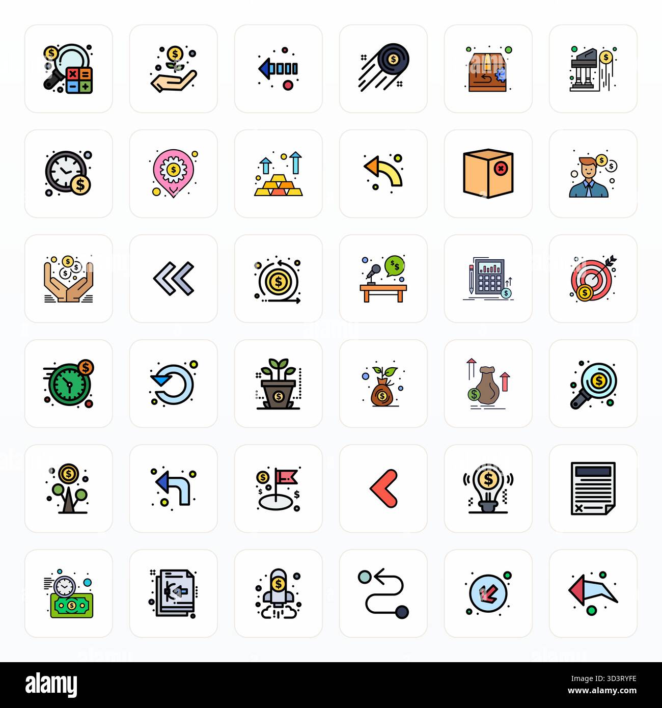 Pack stratégique avec 36 icônes vectorielles représentant le retour au format Filled Line, optimisé avec 256x256 Detail Enhanced Quality pour les professionnels Illustration de Vecteur