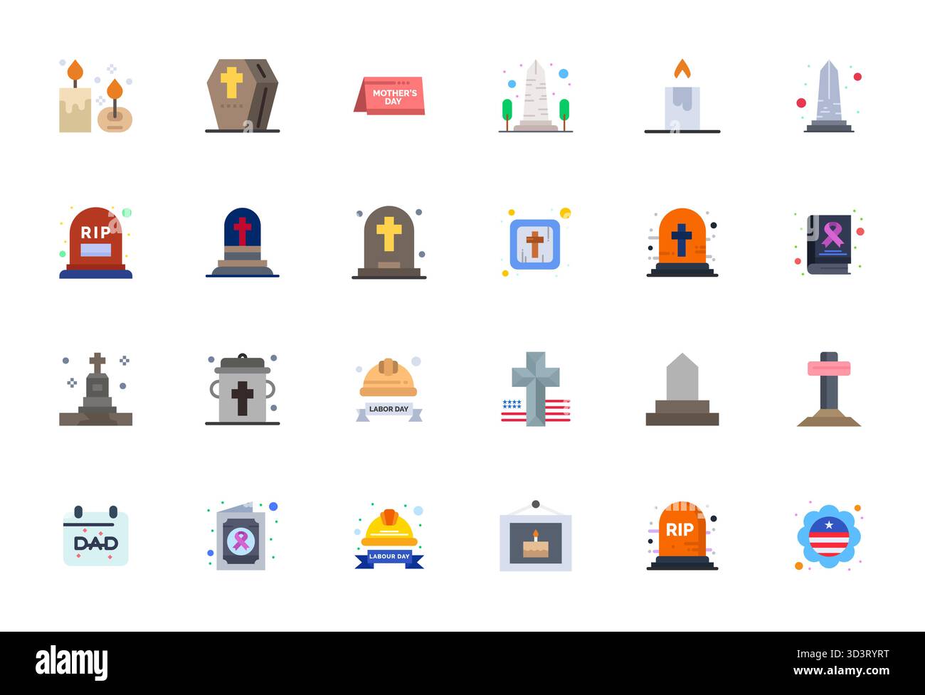 Pack innovant de 24 icônes vectorielles sur le thème de Memorial, présentant un design plat au format Retina Ready Pixel aligné pour des solutions numériques modernes. Illustration de Vecteur