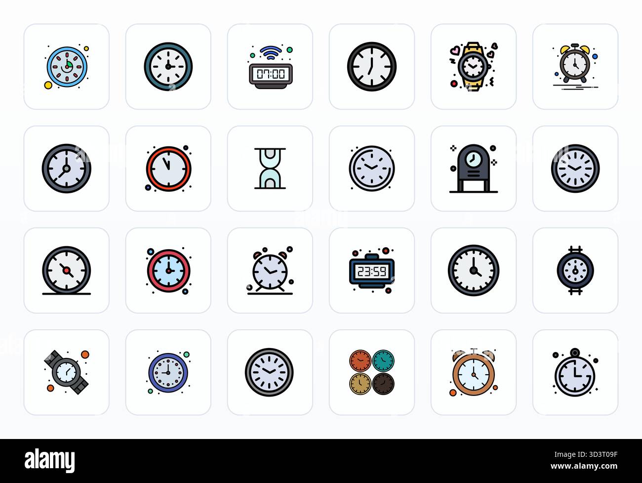 Découvrez un ensemble de 24 icônes vectorielles Filled Line conçues pour le thème de l'heure, avec des designs alignés 64x64 pixels idéaux pour les projets UI / UX modernes. Illustration de Vecteur