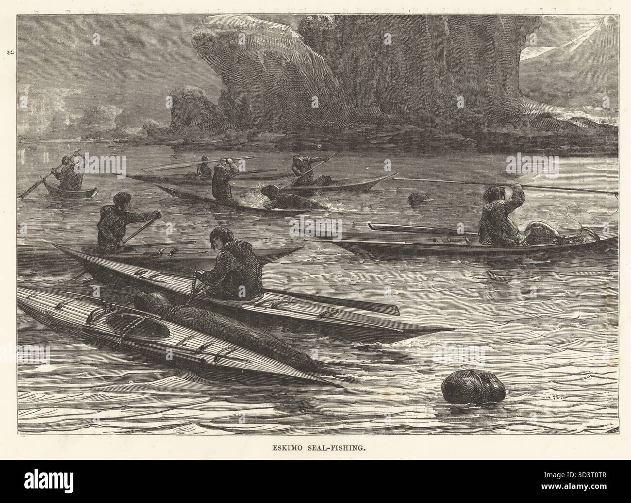 Les Inuits chassent le phoque dans les kayaks de l'océan Arctique. Un groupe d'hommes dans des parkas en peau de phoque utilisant des harpons et des rames pour tuer les phoques près d'une banquise. Pêche aux phoques esquimaux. Gravure sur bois de Robert Brown, The races of Mankind, Cassell, Petter et Galpin, Londres, 1873. Banque D'Images