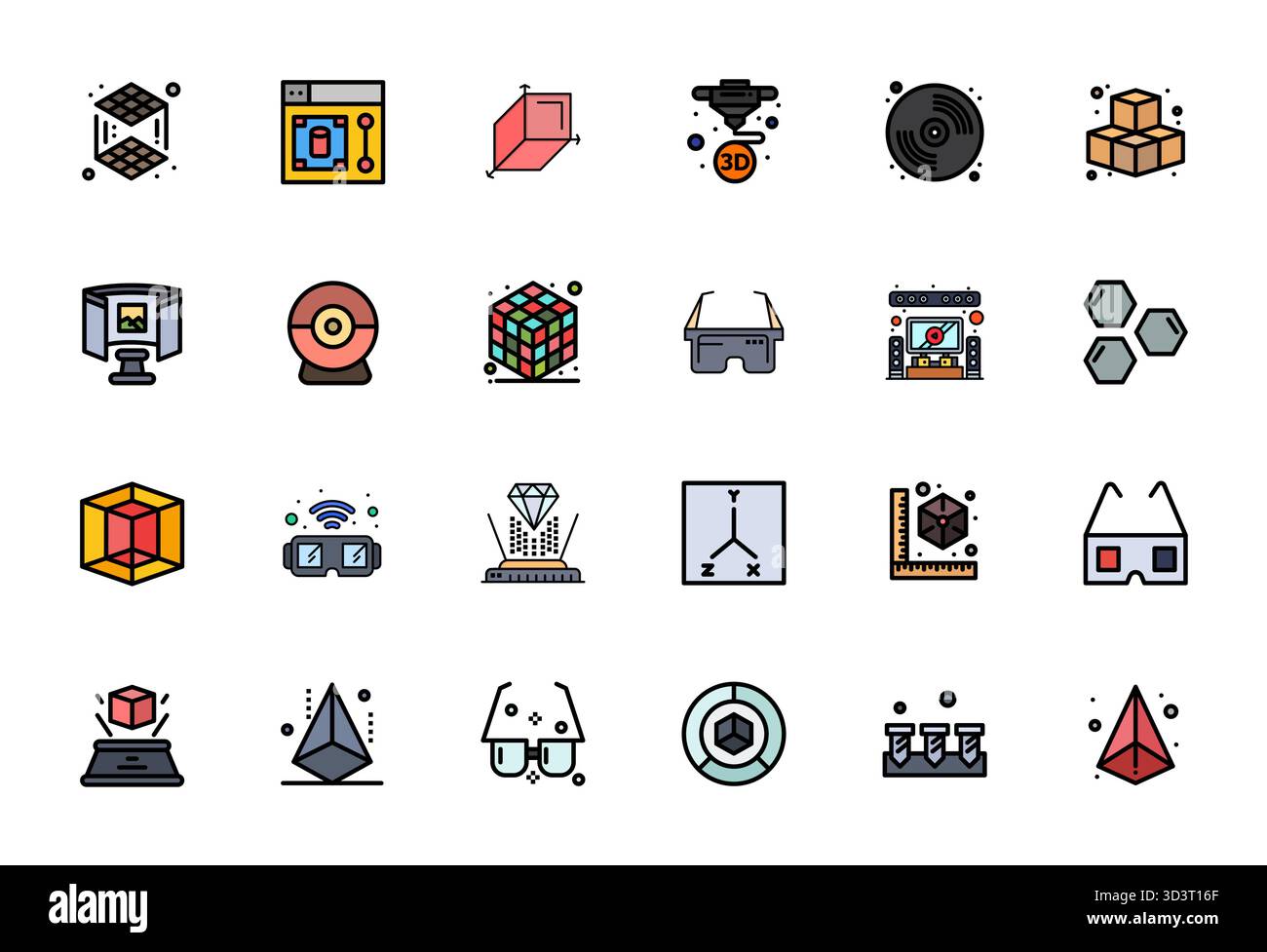 Collection de qualité professionnelle de 24 icônes vectorielles remplies Flat Line représentant la 3D, conçues avec une précision alignée 128x128 pixels pour l'application d'entreprise Illustration de Vecteur