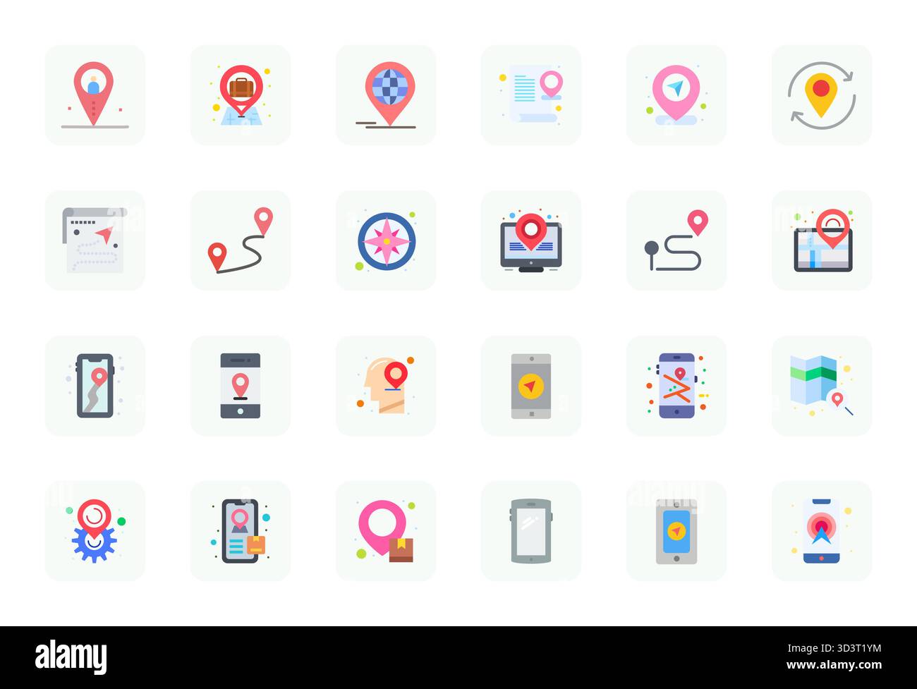 Pack leader de l'industrie de 24 icônes vectorielles intégrées Flat Grid pour le suivi de localisation, dimensionné à 256x256 pour un rendu optimal et l'excellence de l'interface utilisateur. Illustration de Vecteur