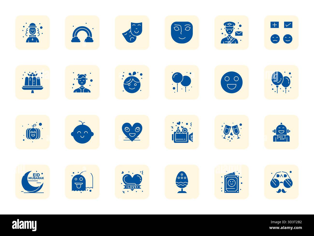 Un ensemble polyvalent de 24 icônes vectorielles pleines de PIXELS parfaites axées sur Happy, livré dans un format 64x64 net idéal pour les applications mobiles et Web. Illustration de Vecteur