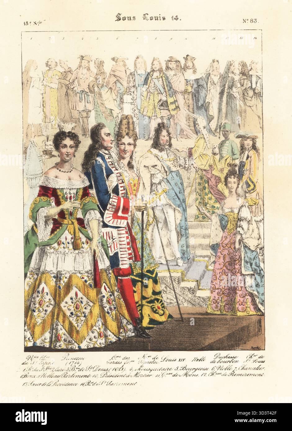 Les modes baroques, règne du Roi Soleil, XVIIIe siècle. Princesse, capitaine des gardes, Catherine, marquis de Seignelay, roi Louis XIV, duchesse de Bourbon, et Chevaliers du Saint-esprit et Saint Louis, XVIIIe siècle. CME des gardes françaises, Marquise de Signelai, Louis XIV, Noble, Duchesse de Bourbon, chevalier de composé Louis. Sous Louis 14. Lithographie coloriée à la main par Godard d'après une illustration de Charles Auguste Herbé à partir de ses propres costumes Français, civils, militaires et religieux, costumes Français, civil, militaire et religieux, Maison Martinet, Paris, 1837. Banque D'Images