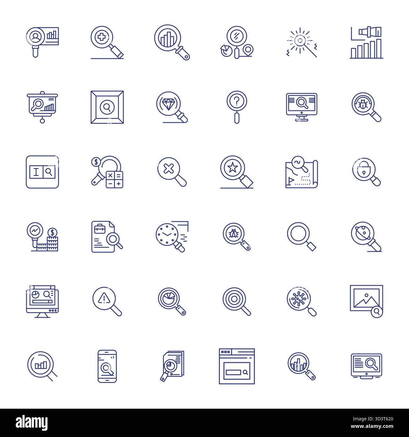 Pack distinctif d'icônes vectorielles parfaites de 36 PIXELS inspirées par la loupe, fabriqués en format Bold Line chez Retina prêt pour une expérience mémorable de la marque Illustration de Vecteur