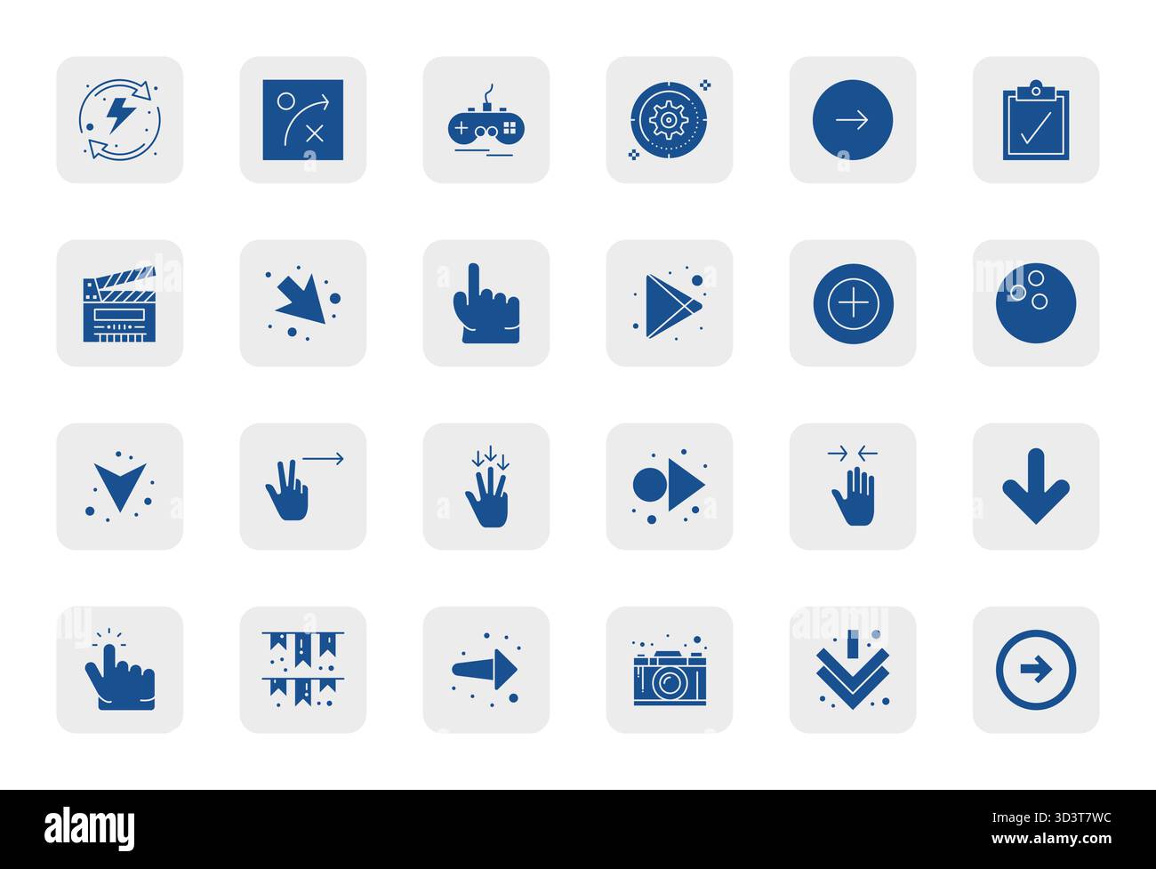 Découvrez un ensemble de 24 icônes vectorielles remplies conçues pour le thème action, avec 256x256 Detail Enhanced Designs idéales pour les projets UI / UX modernes. Illustration de Vecteur