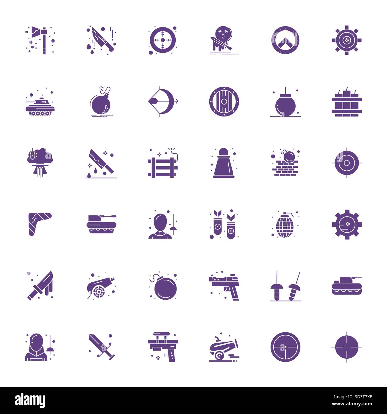 Cet ensemble de 36 icônes vectorielles remplies capture des thèmes d'armes en qualité modifiable 128x128, parfait pour les applications technologiques et commerciales. Illustration de Vecteur