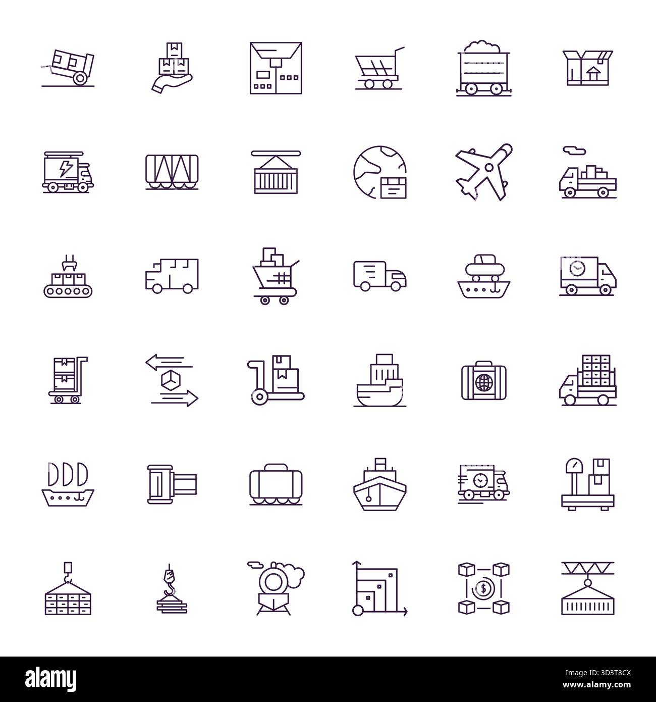 Ensemble complet avec 36 icônes vectorielles dans la conception Bold Line pour le fret, livré dans une qualité optimisée Pixel haute résolution. Illustration de Vecteur