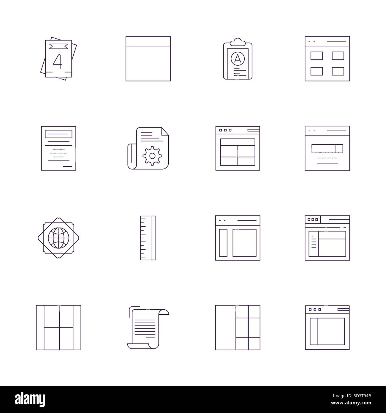 Cette collection comprend 16 icônes vectorielles ajustées Thin Line Grid adaptées au thème Template, optimisées au format Retina Ready pour la conception numérique. Illustration de Vecteur