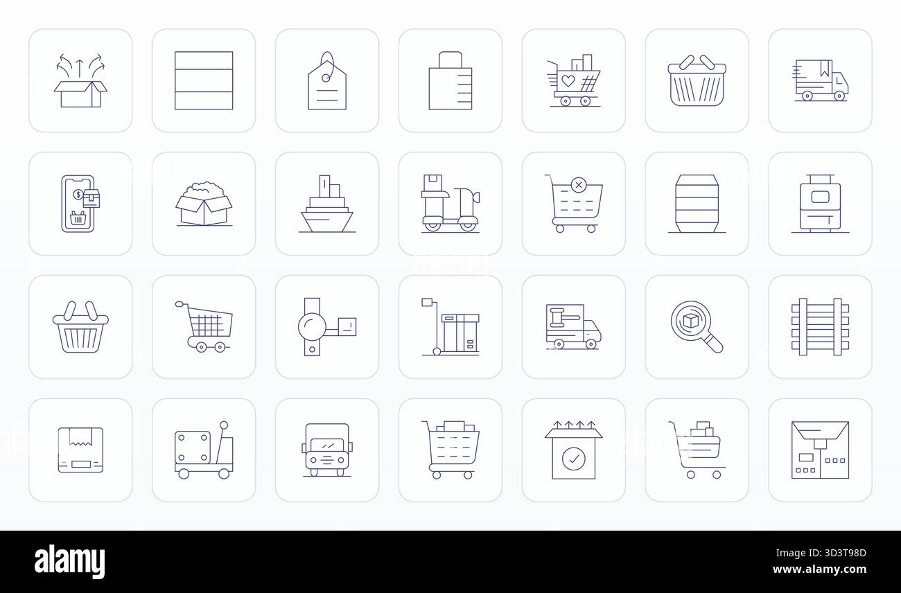 Icônes vectorielles parfaites de 28 PIXELS intelligemment conçues inspirées par les marchandises, créées au format Thin Line à 256x256 pour un flux de travail de conception intelligent et efficace Illustration de Vecteur