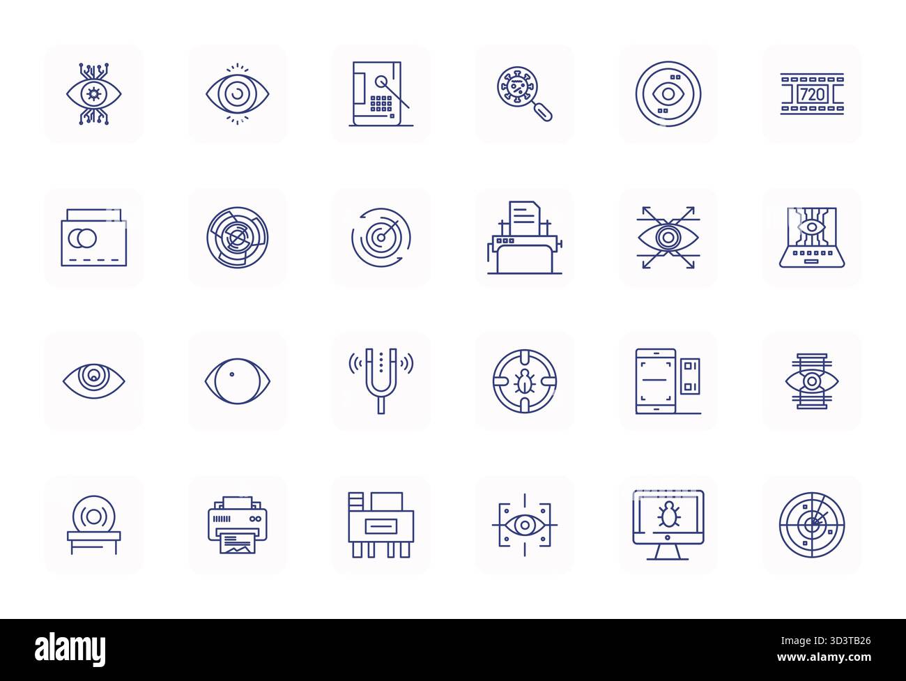 Ce pack d'icônes vectorielles de numérisation comprend 24 designs Bold Outline réguliers au format 128x128 Grid Fitted, parfaits pour améliorer les interfaces numériques. Illustration de Vecteur