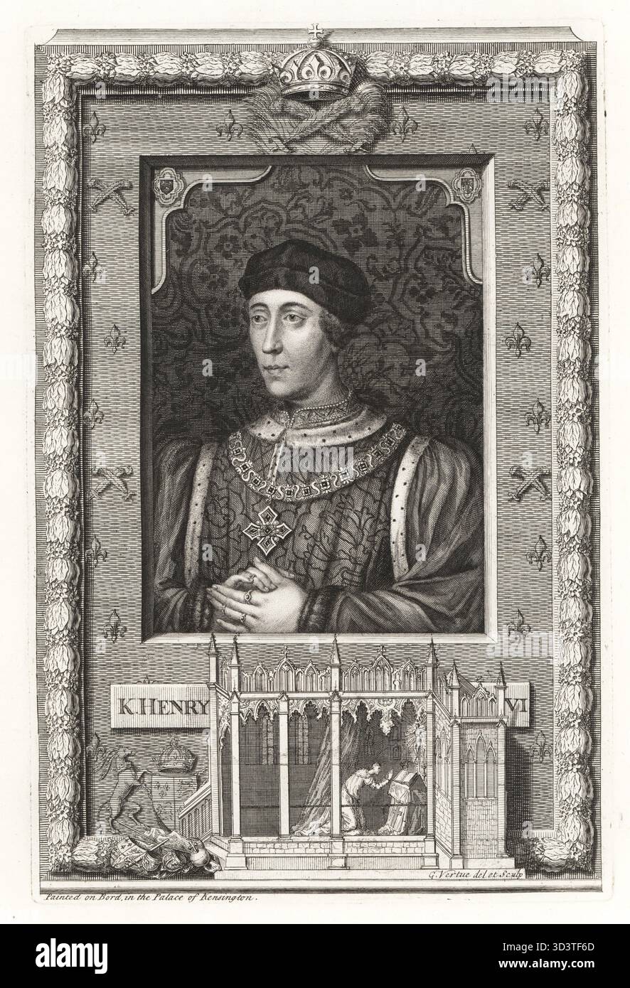 Henri VI, roi d'Angleterre, 1421-1471. K. Henry VI Portrait du roi en brocart doublet avec collier en or. D'après un tableau du palais de Kensington. Vignette de son sanctuaire à King's College Chapel, Cambridge. Gravure sur cuivre dessinée et gravée par George Vertue de ses têtes des rois d'Angleterre, propre à l'histoire de M. Rapin, traduite par N. Tindal, imprimée pour James, John et Paul Knapton, Londres, 1736. Banque D'Images