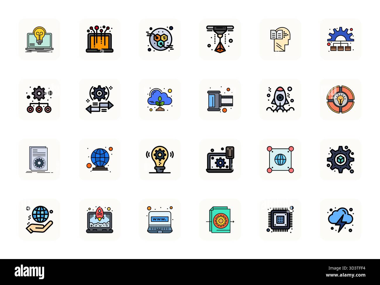 Paquet complet de 24 icônes vectorielles sur le thème de la numérisation, présentant le design LineFilled en 128x128 Grid ajusté qualité pour les interfaces modernes. Illustration de Vecteur