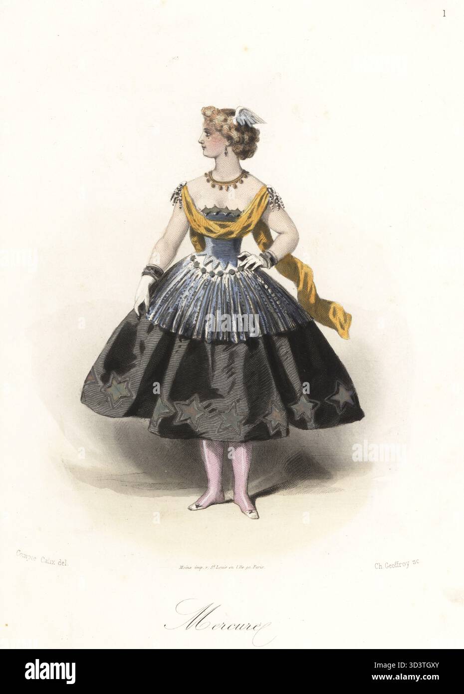 Femme en costume comme le Dieu romain Mercure. Avec des ailes dans les cheveux, corsage argenté, jupes noires avec des étoiles. Mercure. Gravure sur acier colorée à la main par Charles Geoffroy d'après une illustration de François Claudius compte-Calix tirée des travestissements élégants, élégants costumes de fantaisie, les modes Parisiennes, Paris, 1853. Banque D'Images