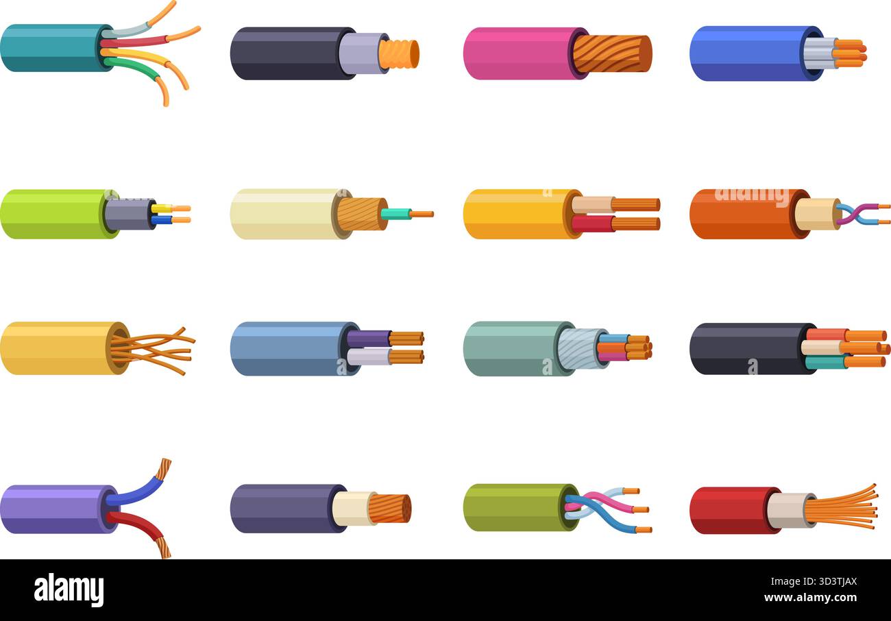 Fils électriques en cuivre. Câbles de dessin animé et conducteurs électriques avec isolation. Eléments industriels, câble d'énergie, ménage et industrie, sapi Illustration de Vecteur