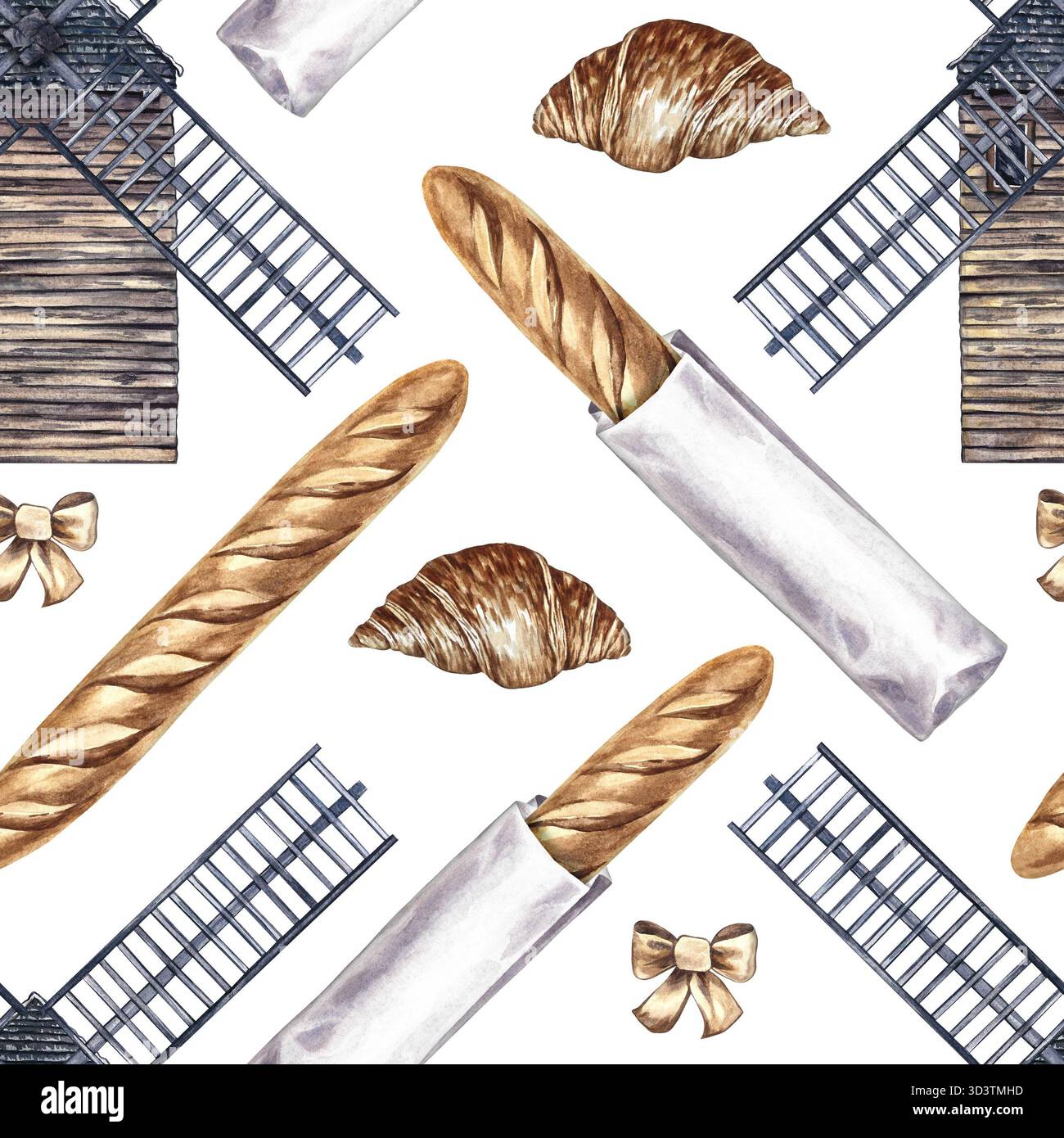 Motif sans couture avec des pâtisseries françaises. Baguette française et croissant, moulin à vent. Illustration d'aquarelle dessinée à la main. Éléments de la cuisine française. Pour moi Banque D'Images