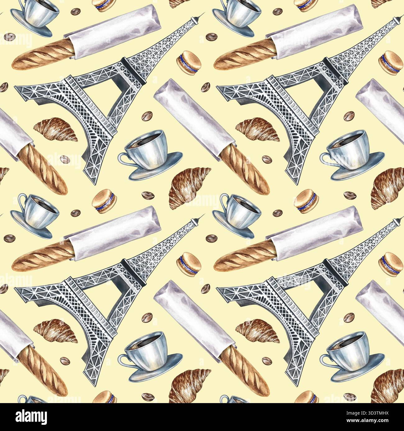 Motif sans couture avec des pâtisseries françaises. Illustration d'aquarelle dessinée à la main. Baguette française, biscuit aux amandes, croissant, Tour Eiffel. Pour le design de café, Banque D'Images
