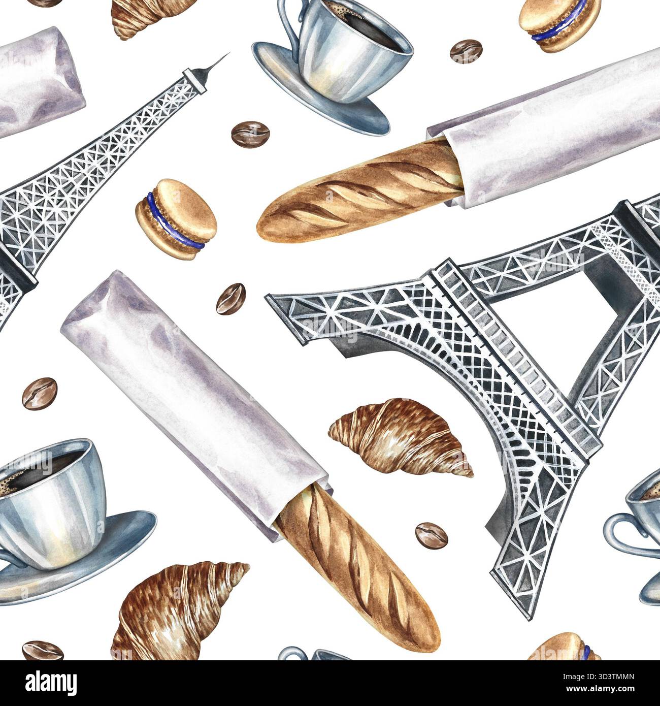 Motif sans couture avec des pâtisseries françaises. Illustration d'aquarelle dessinée à la main. Baguette française, biscuit aux amandes, croissant, Tour Eiffel. Pour le design de café, Banque D'Images
