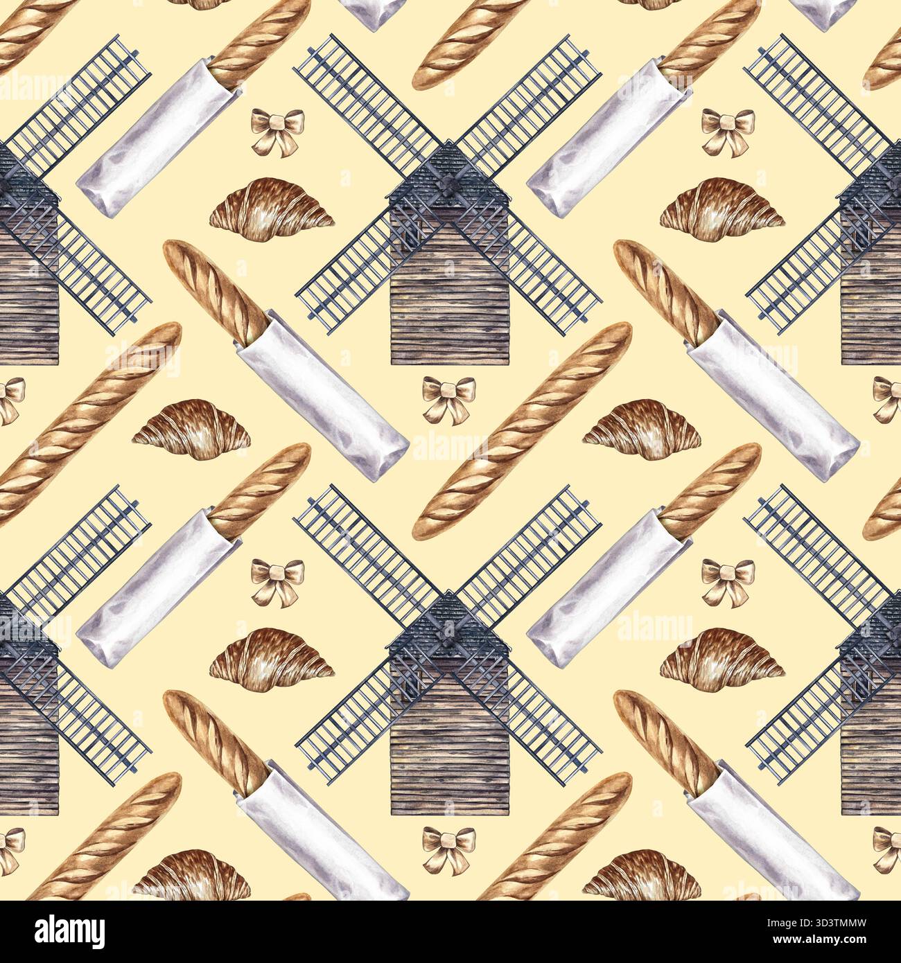 Motif sans couture avec des pâtisseries françaises. Baguette française et croissant, moulin à vent. Illustration d'aquarelle dessinée à la main. Éléments de la cuisine française. Pour Banque D'Images