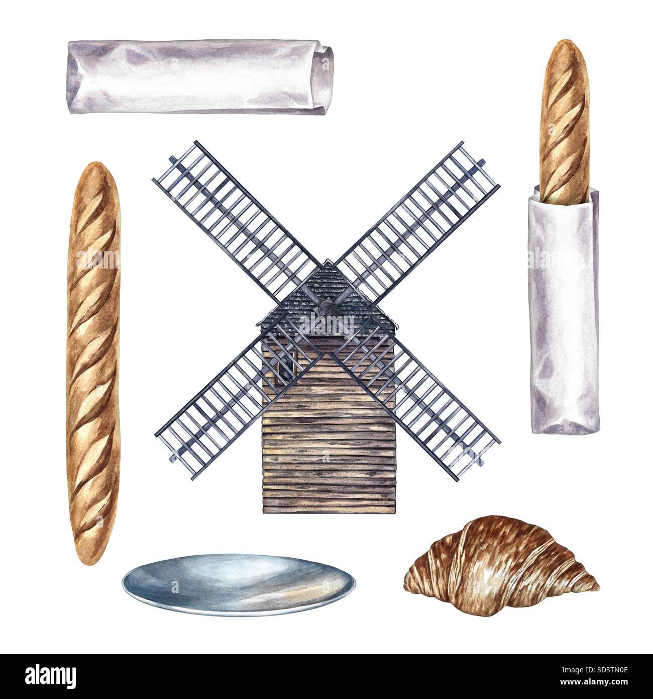 Un ensemble de pâtisseries françaises. Baguette française et croissant, moulin de la galette. Illustration aquarelle peinte à la main. Éléments de la cuisine française. Pour Banque D'Images