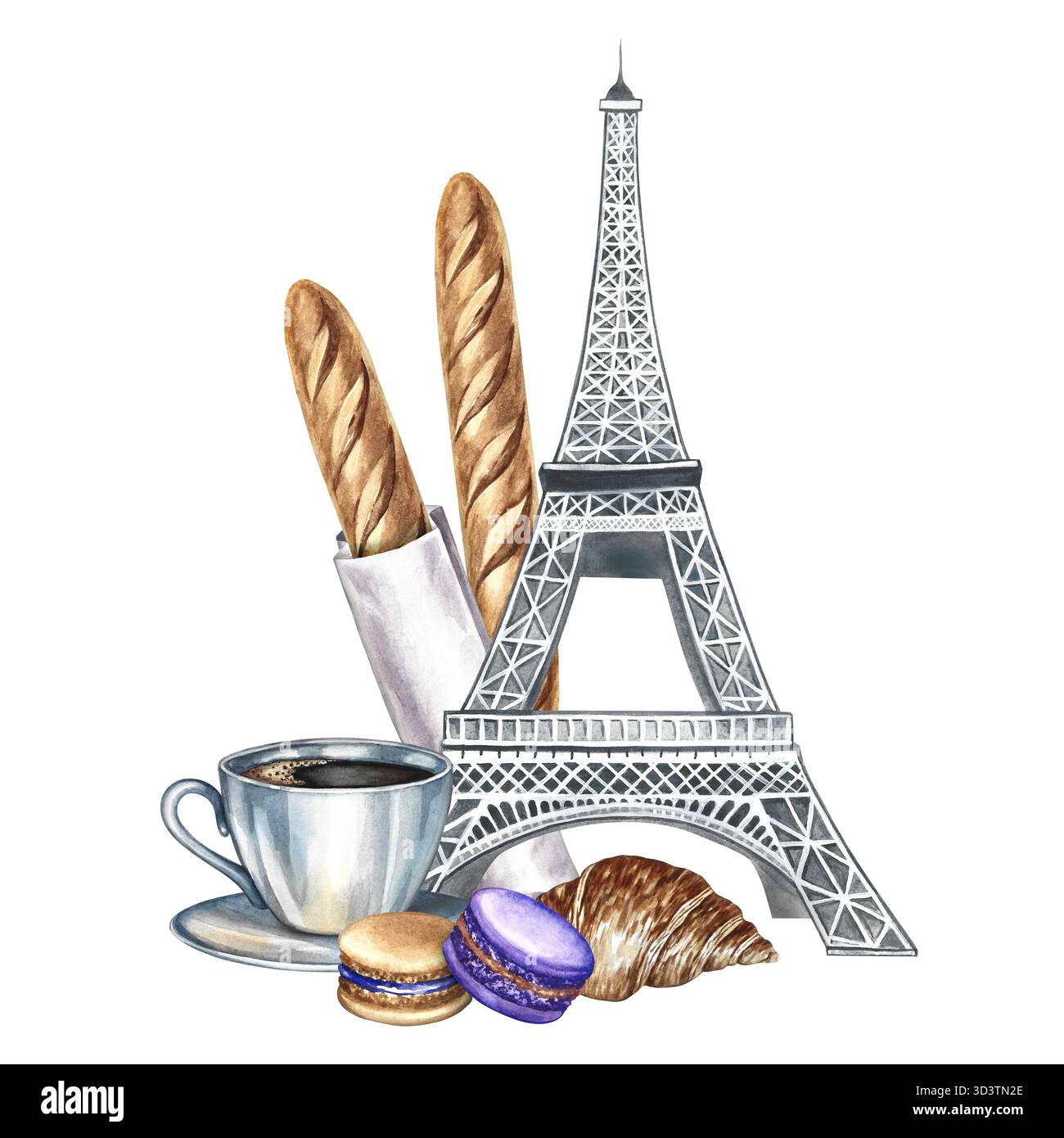 Pâtisseries françaises. Illustration d'aquarelle dessinée à la main. Baguette française, macarons, croissant, tasse de café et la Tour Eiffel. Convient pour les menus Banque D'Images